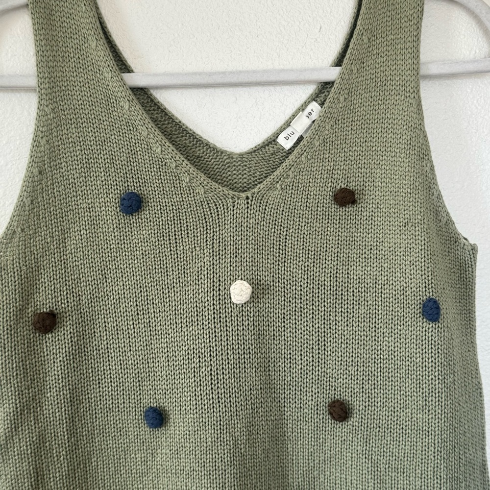 Blu Pepper Knit Tank Sweater Top Sleeveless Green Pom Pom V-Neck Sweater M - Picture 3 of 9